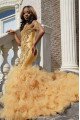 Gold Beads Off The Shoulder Crystal Tulle Ruffles Appliques Prom Dresses