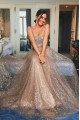 Shiny A-Line Champagne Sequins Straps Sleeveless Tulles Long Prom Dresses