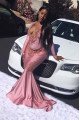 Pink Mermaid Long Sleeves Appliques V-neck Floor Length Prom Dresses