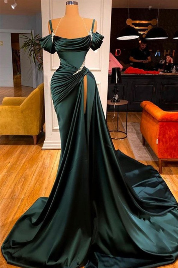 Modern Dark Green Spaghetti Straps Side Slit Sequins Prom Dress