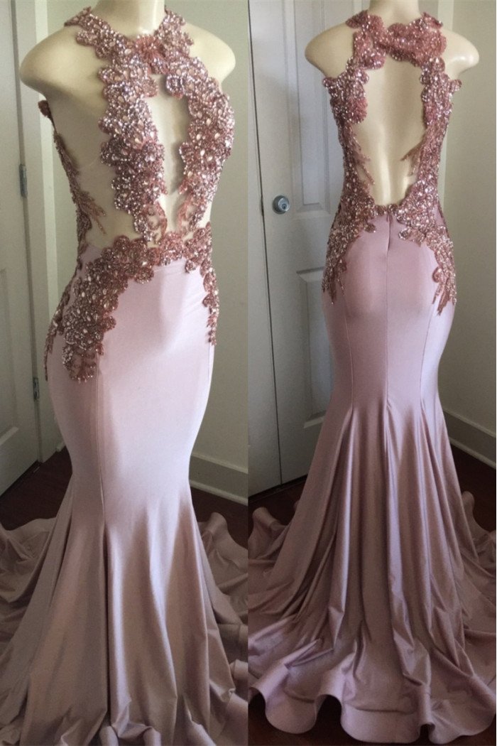 Modern Pink Beading Keyhole Lace Appliques Sleeveless Mermaid Prom Dresses