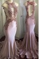 Modern Pink Beading Keyhole Lace Appliques Sleeveless Mermaid Prom Dresses