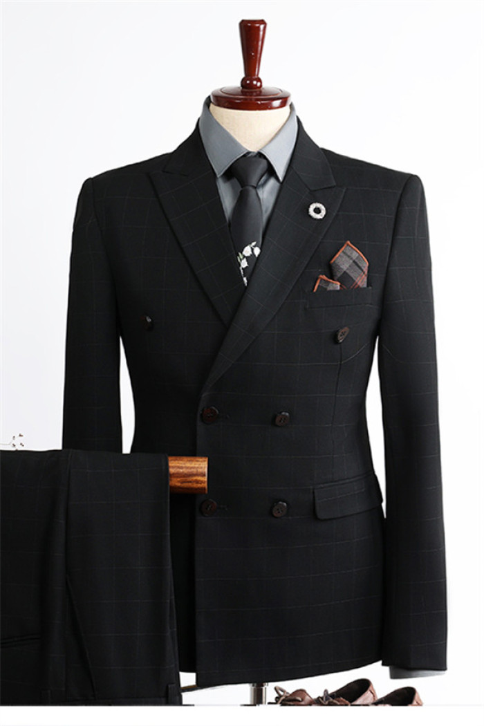 Brandon Black Double Breasted Plaid Close Fitting Peaked Lapel Formal Suits